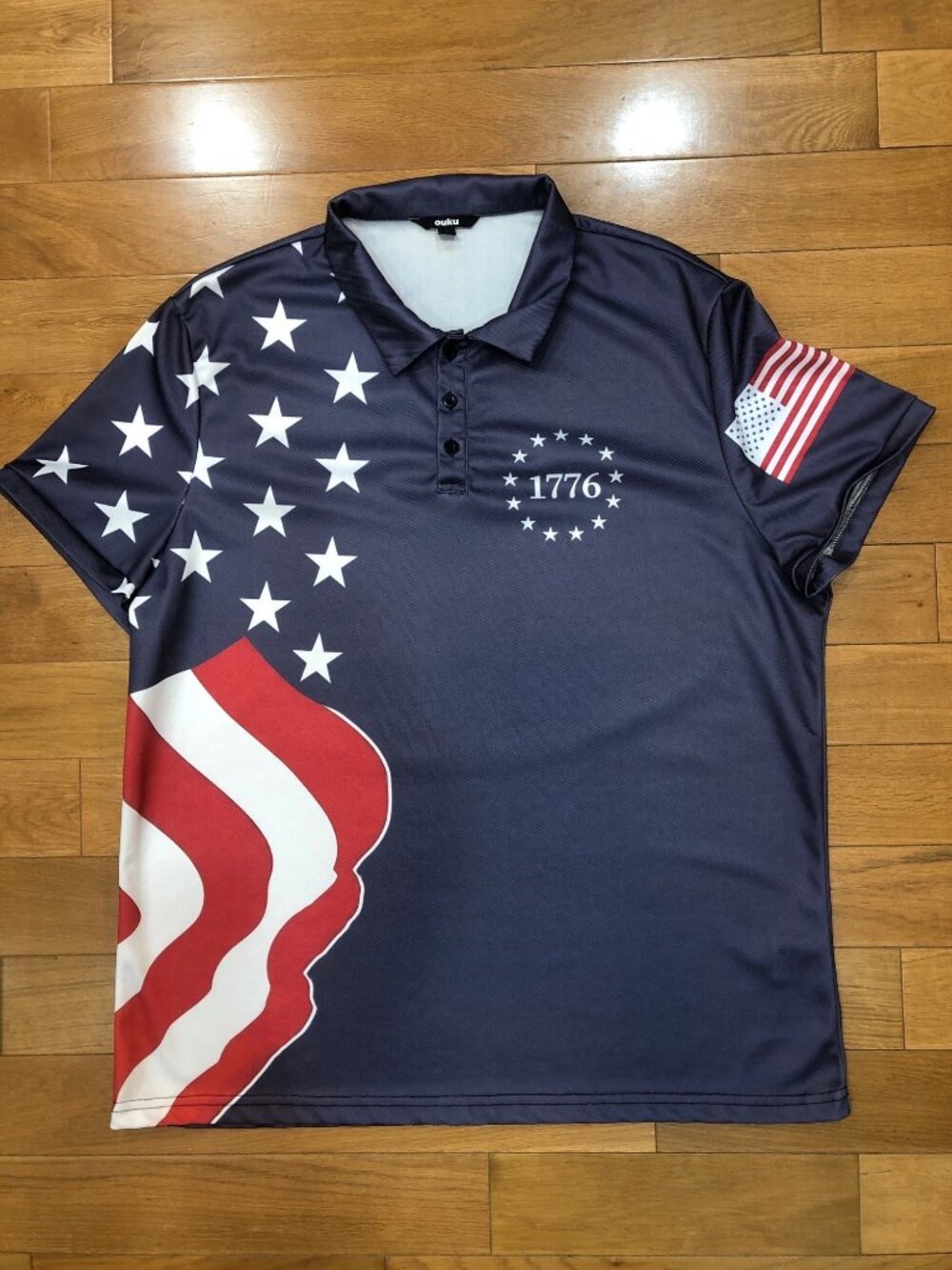 OUKU Men’s XL Patriotic American Flag 1776 Polo Shirt 250th Anniv Navy Red White